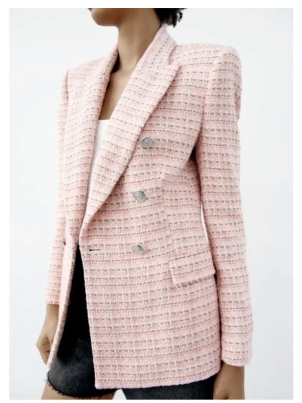 Zara Light Pink Tweed Double-Breasted Blazer XL